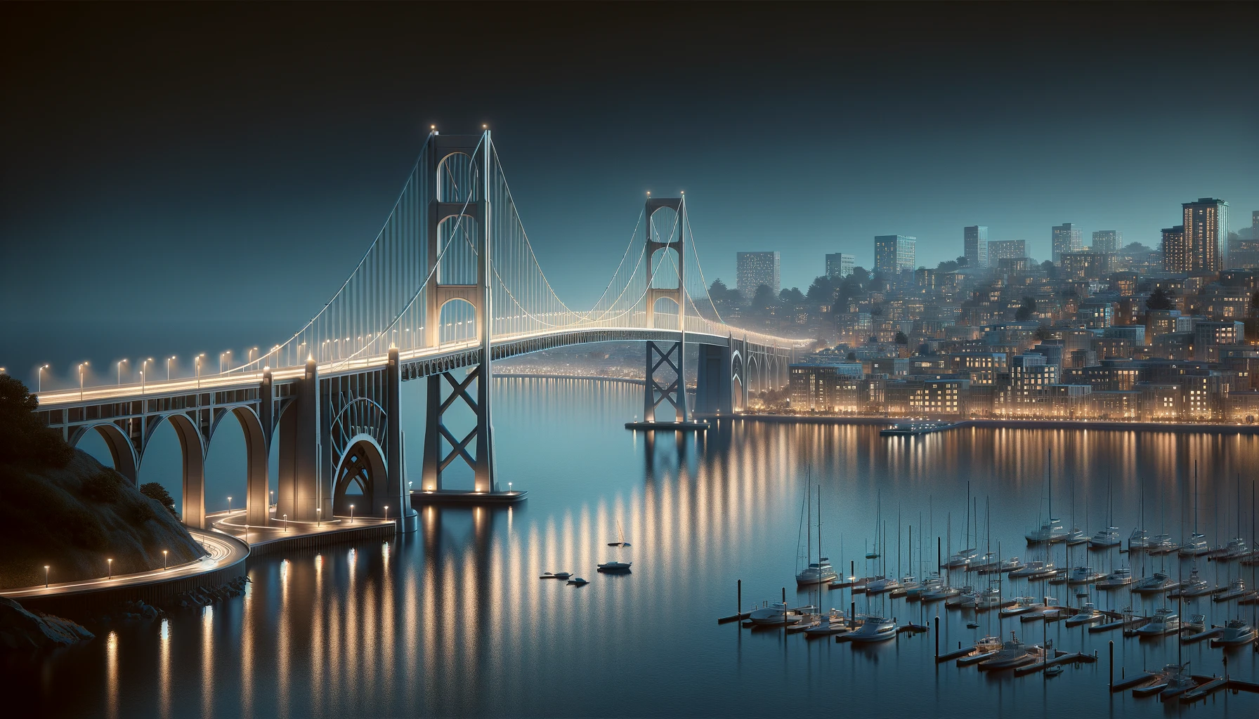 DALL·E 2024-03-14 21.01.46 - Create a serene nighttime scene of a smaller, less bustling city viewed across a bay. The focal point is a graceful bridge arching over the water, con.webp